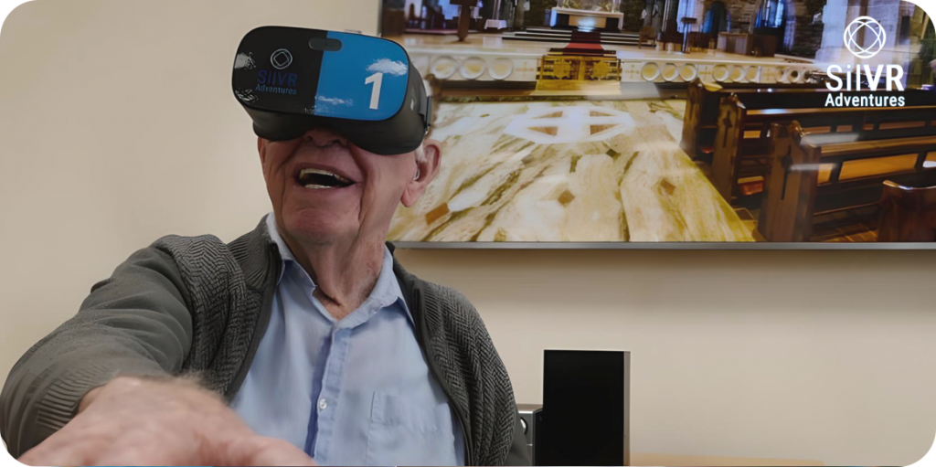 Old man with VR headset. Wild Immersion for Elderly