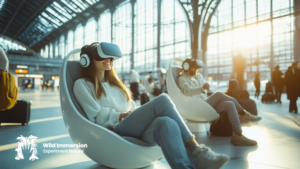 Reinventing Wait Times: Immersive Experiences in Transport Hubs. People With VR headset in airport ou train station. 